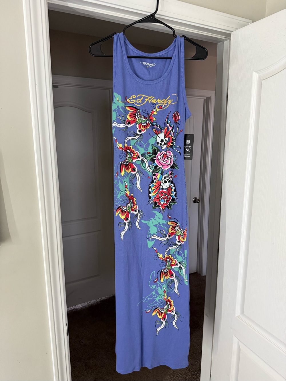 Ed Hardy Blue-Purple Tattoo Floral Maxi Dress